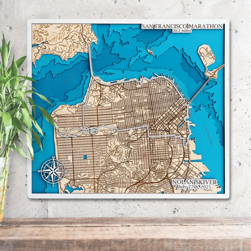 3D wooden map of San Francisco Marathon with engraved 26.2 mile route.