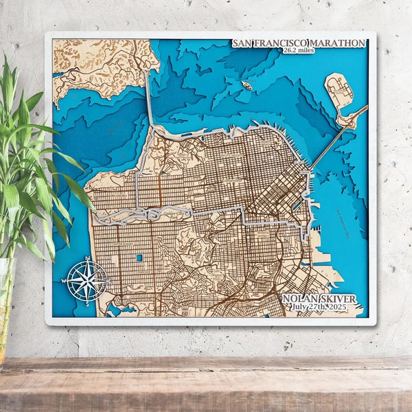 3D wooden map of San Francisco Marathon with engraved 26.2 mile route.