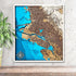 3D wooden map of Oakland, California with blue ocean layers hanging on wall