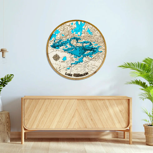Laser-cut wood map of Lake Vermilion with detailed shorelines and islands