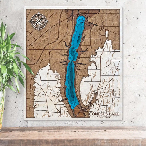 3D wooden map of Conesus Lake New York with layered shoreline details