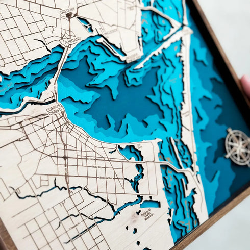 Close-up of Corpus Christi Bay 3D map highlighting waterways and islands