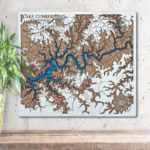 3D wooden map of Lake Cumberland Kentucky with engraved shoreline details