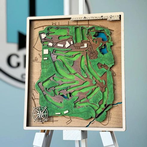 Custom wooden golf course map with detailed fairways and greens, laser-cut wall art.