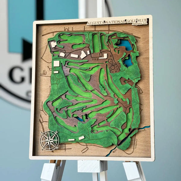 Custom wooden golf course map with detailed fairways and greens, laser-cut wall art.