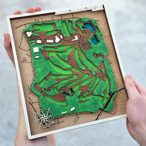 Personalized golf decor showing 3D wooden design of a golf course layout.