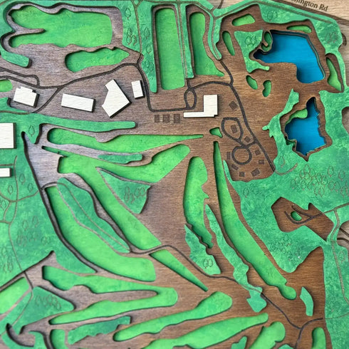 Handcrafted wood golf course map displayed as wall art for home or office.
