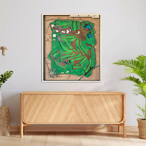 Rustic wooden golf course wall decor with engraved fairways, bunkers, and water features.