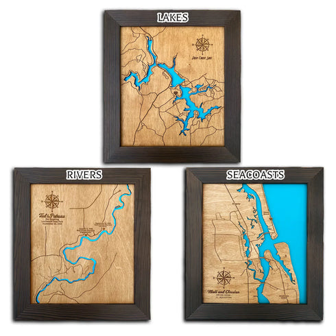 Personalized wooden wall decor showing Rough River Lake with compass rose engraving