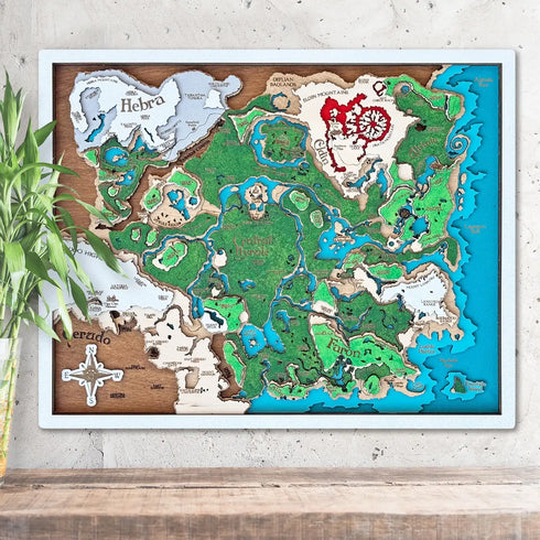 3D wooden map of Hyrule – handmade Zelda wall art with regions Hebra, Faron, Eldin and Gerudo