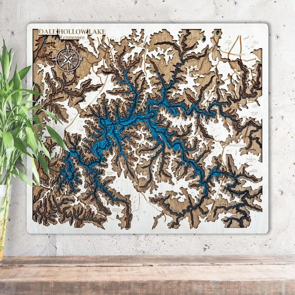 3D wooden map of Dale Hollow Lake Tennessee with engraved shoreline details