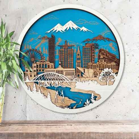 3D wooden skyline map of Denver Colorado with Rocky Mountains in background
