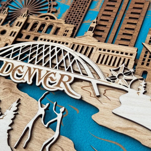 Close up of Denver Colorado wooden skyline with engraved architecture details