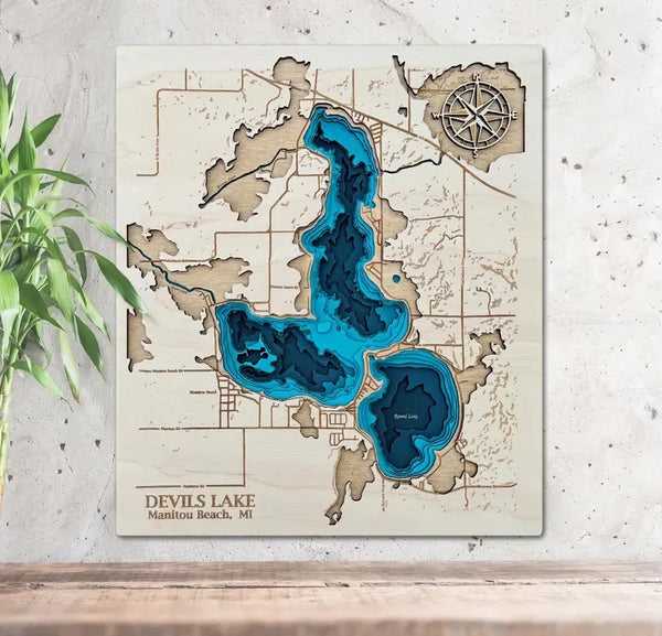 Devils Lake Michigan 3D wooden map with layered shoreline and Round Lake detail