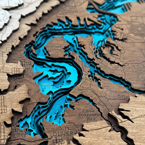 Close-up of Duluth wooden map with Spirit Lake and Pokegama Bay