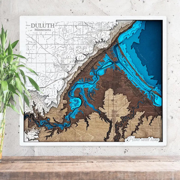 Duluth Minnesota 3D wooden map with layered Lake Superior detail