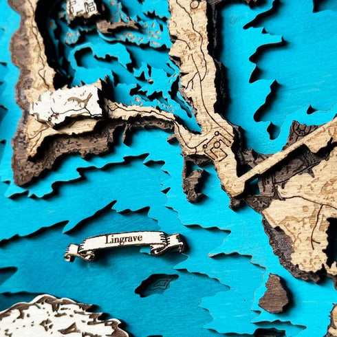 Close-up of handcrafted Limgrave Elden Ring wooden wall art.