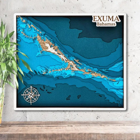 3D wooden map of Exuma Bahamas with layered islands and turquoise waters