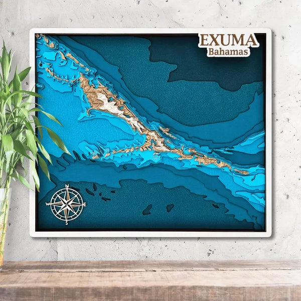 3D wooden map of Exuma Bahamas with layered islands and turquoise waters