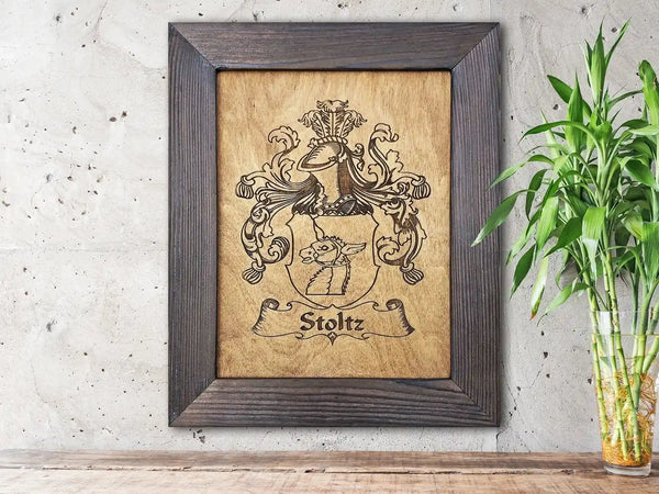 Personalized wooden family crest plaque with engraved coat of arms