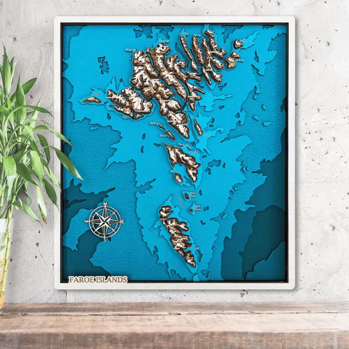 3D wooden map of the Faroe Islands with layered nautical design