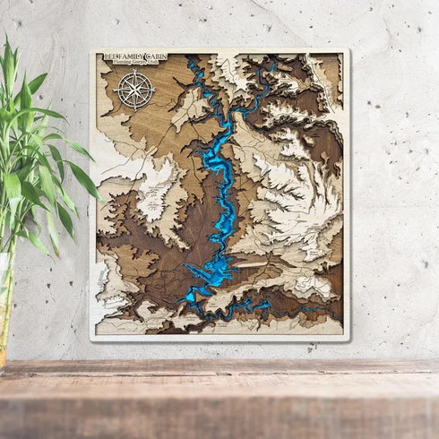3D layered wooden map of Flaming Gorge Utah showing topographic detail.