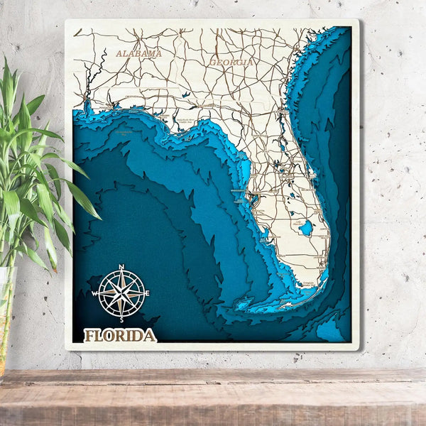 Florida 3D wooden map with layered detail showing the coastline and cities