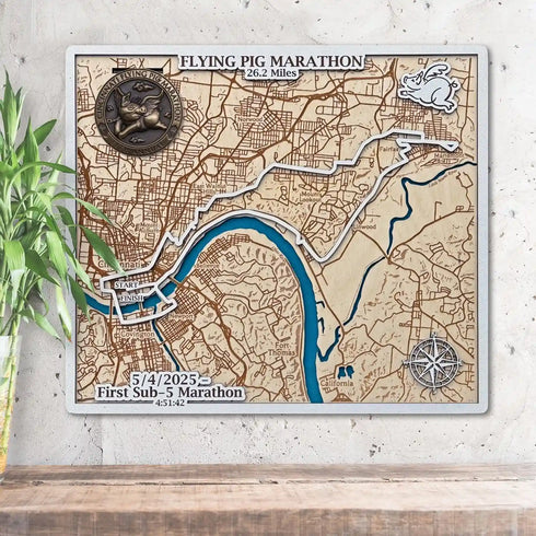 3D wooden map of Flying Pig Marathon route in Cincinnati with engraved details