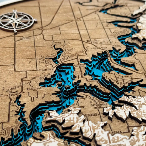 Close-up of Grand Lake wooden map showing Monkey Island and coves