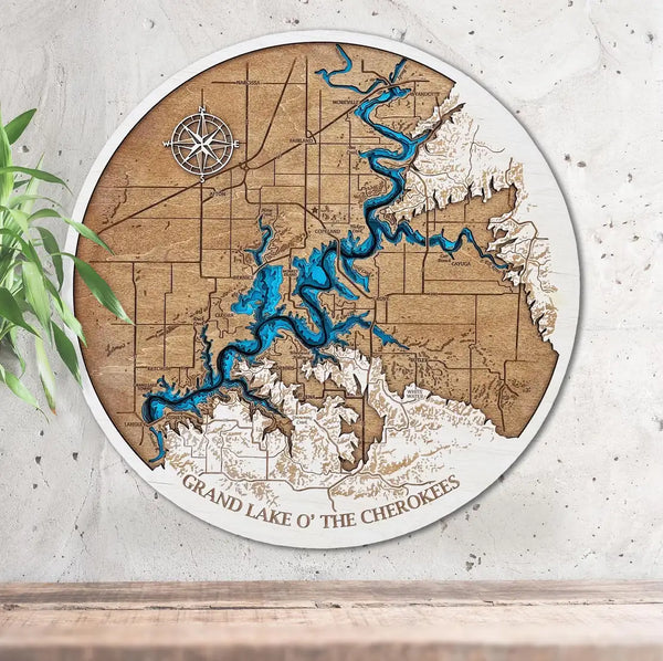Grand Lake o’ the Cherokees 3D wooden map with layered shoreline detail