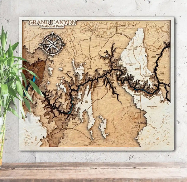 3D wooden map of Grand Canyon National Park with engraved canyon details