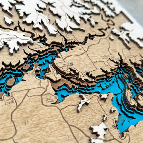 Close-up of Greers Ferry Lake wooden map highlighting Fairfield Bay