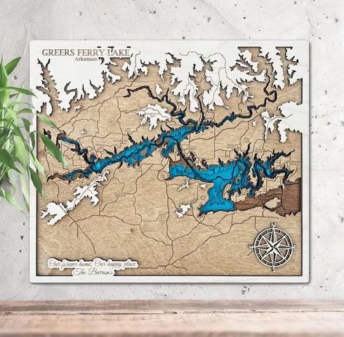 Greers Ferry Lake Arkansas 3D wooden map with layered shoreline detail