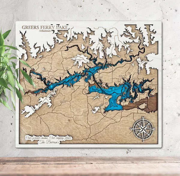 Greers Ferry Lake Arkansas 3D wooden map with layered shoreline detail