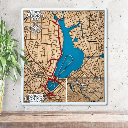 3D wooden map of Hamburg Ironman Marathon route with engraved streets