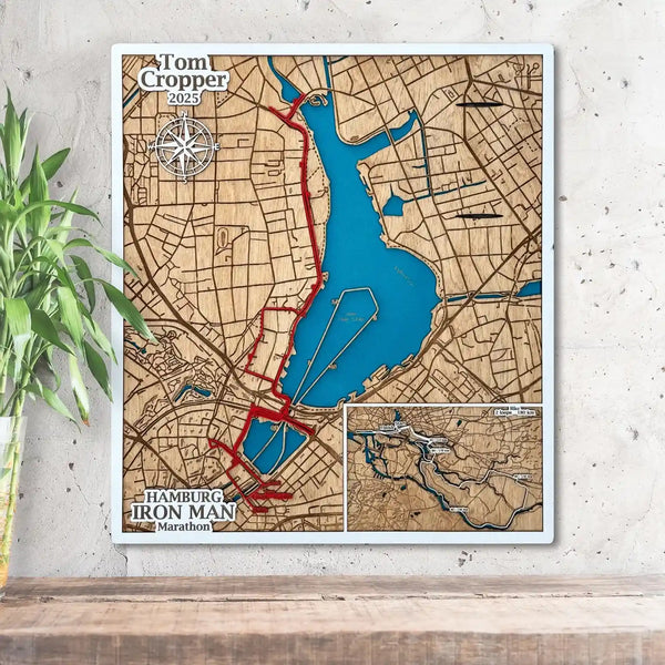 3D wooden map of Hamburg Ironman Marathon route with engraved streets