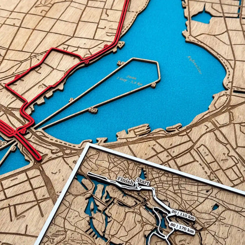 Close up of Hamburg Ironman wooden map with highlighted marathon route