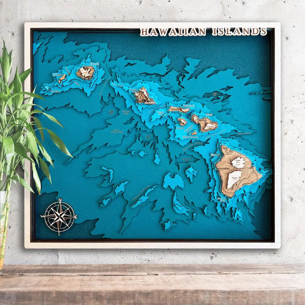 3D wooden map of Hawaiian Islands with layered coastlines and blue water details