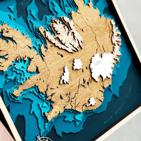Handmade wooden map of Iceland with topographic contours