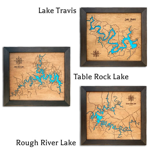 Handmade wooden wall map of Beaver Lake with engraved rivers and blue water in rustic frame