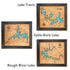 Handmade wooden wall map of Beaver Lake with engraved rivers and blue water in rustic frame