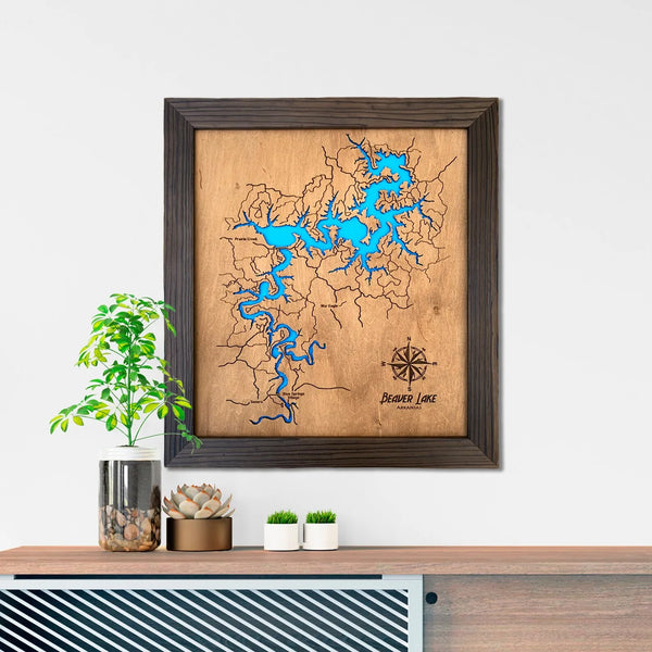 Handmade wooden wall map of Beaver Lake with engraved rivers and blue water in rustic frame