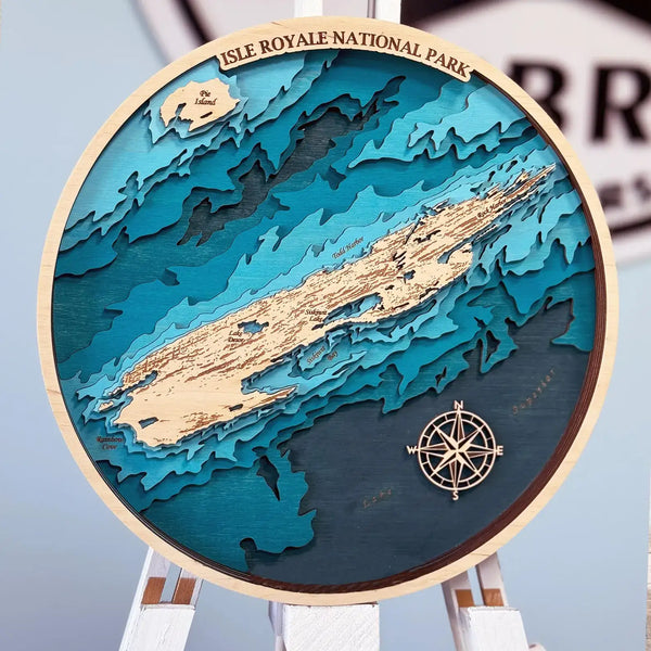 Handcrafted 3D wooden map of Isle Royale National Park with layered lake depths