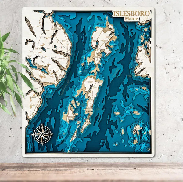 Islesboro Maine 3D wooden map with layered island coastline detail