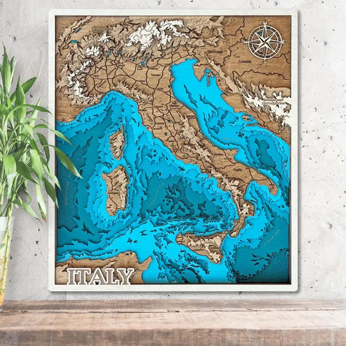Italy 3D wooden map with layered Mediterranean coastline detail