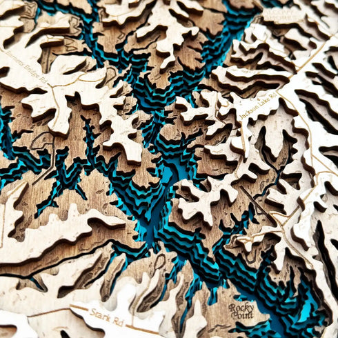 Close-up of Jackson Lake 3D wooden map highlighting layered topography