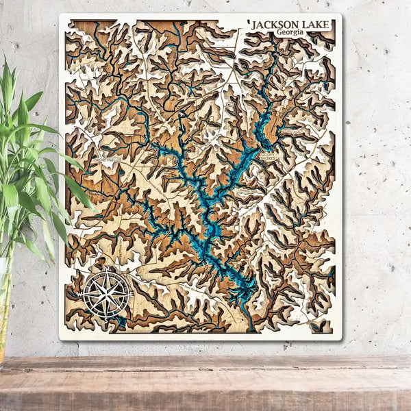 Jackson Lake Georgia 3D wooden map with layered shoreline detail