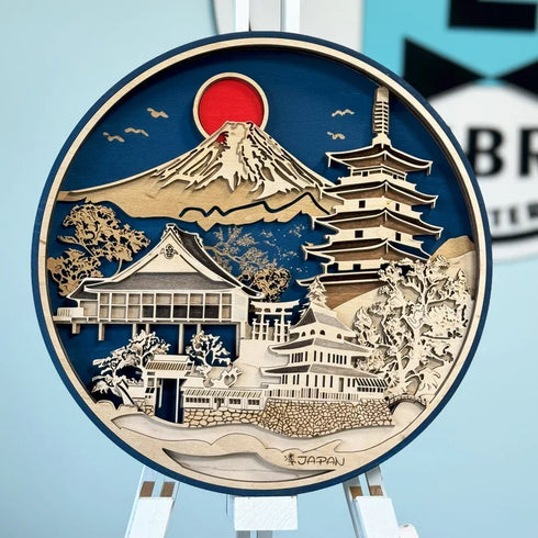 3D wooden skyline map of Japan with Mount Fuji and temples