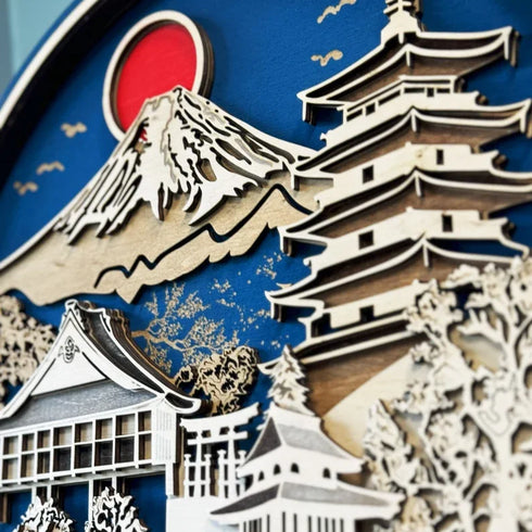 Close up of Japan wooden skyline with engraved Mount Fuji and red sun