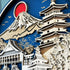 Close up of Japan wooden skyline with engraved Mount Fuji and red sun